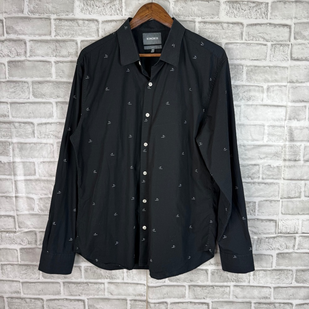 Bonobos Slim Fit Primary Black Shark Fin AOP Long SLeeve Button Up Shirt Mens XL